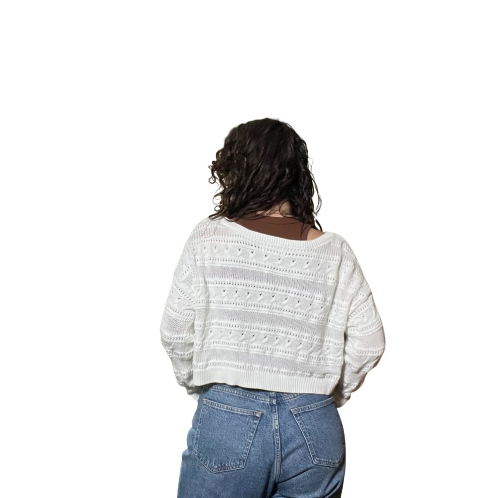 Hollister Womens White Pointelle Knit Cropped Sweater Scoop Neck Cotton Small - Picture 3 of 8